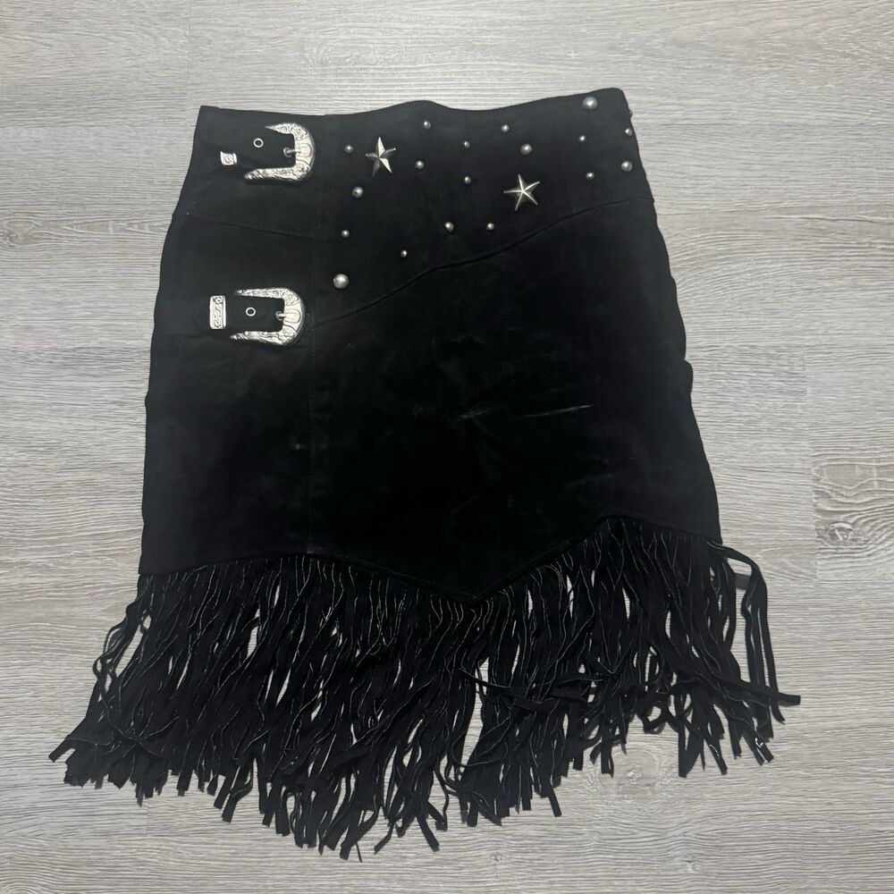 Vintage S&U Leather Fashions NY Fringe Skirt XS Black Western Boho 80s Glam Rock